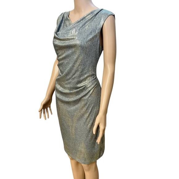 White House Black Market Metallic Party Dress Size 14 Cowl Neck Ruched Holiday - Picture 2 of 11